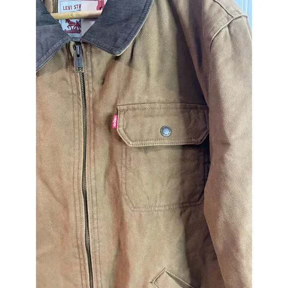 Levis XL Garment Washed Quilted Jacket With Corduroy Collar & Pockets Brown